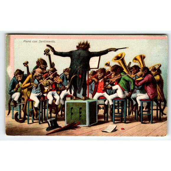 Anthropomorphic Postcard Monkeys Chimps Orchestra Musicians Tuba Violin Fantasy - Picture 1 of 2